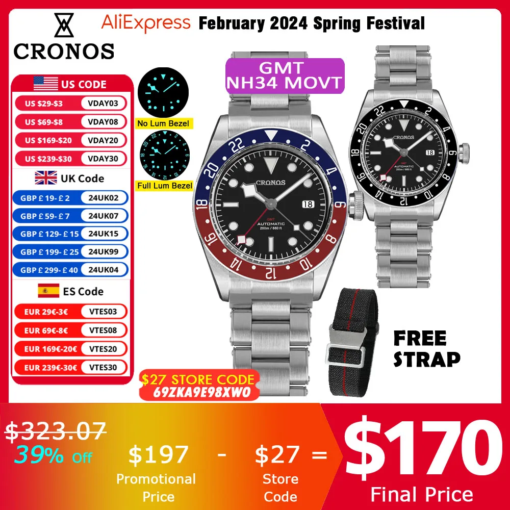 Cronos Bb Gmt Orologio Da Uomo Vintage Automatico Nh34 Coke Lunetta In Ceramica Orologi Da Polso Bidirezionale 24 Clic Zaffiro L6021M