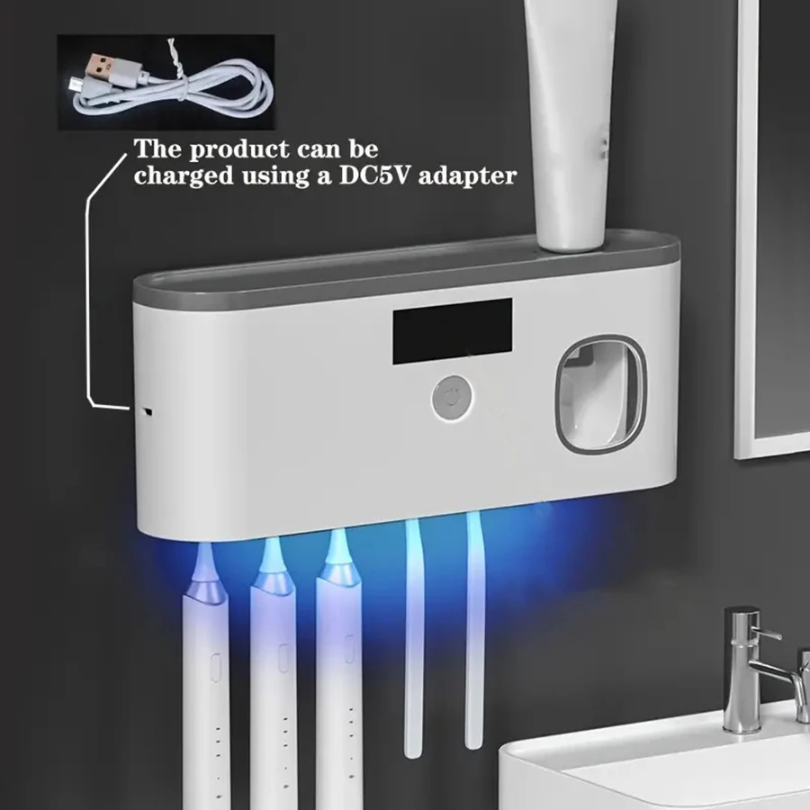 1 Smart Toothbrush Sterilizer, Toothbrush Storage Rack with 5 Brush Slots, Toothpaste Dispenser, Wall Mounted Holder