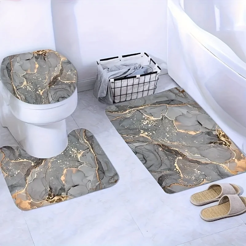 1/4pcs Marble Pattern Shower Curtain Set, Crackle Golden Texture Bath Curtain With 12 , Anti Slip Bathmat U Shaped Toilet Mat An