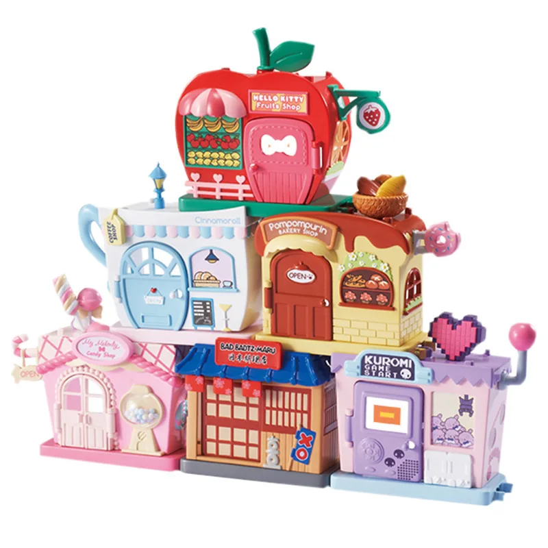 Sanrio New Hello Kitty Kuromi Play House Stackable Street View Splicing Toys Cinnamoroll Play House Ornaments Toys Gift For Kids