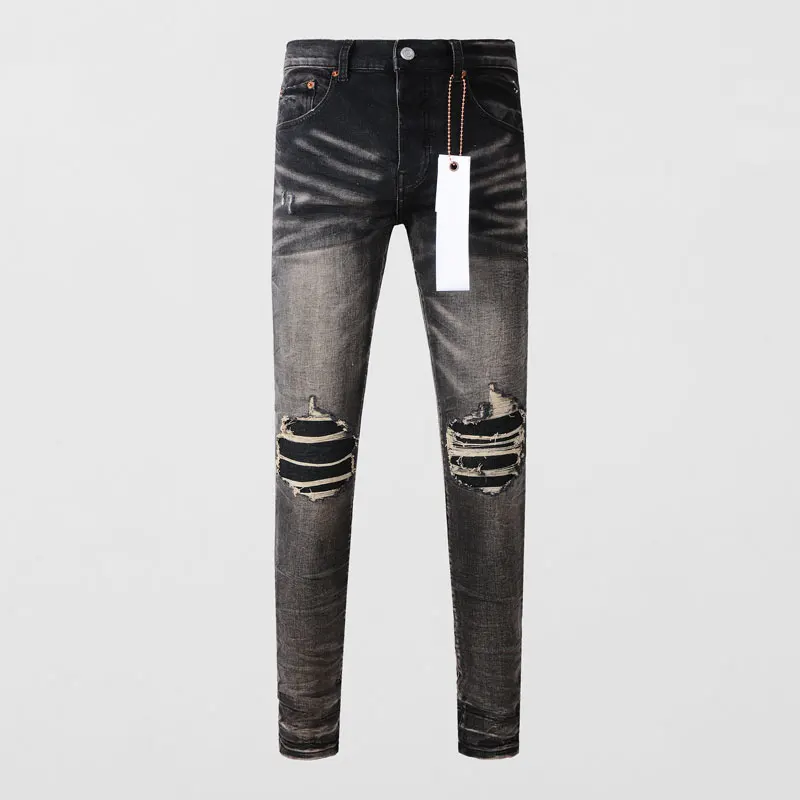 

Джинсы мужские в стиле Хай-стрит, Модные Винтажные эластичные узкие джинсы с перфорацией, дизайнерские Брендовые брюки с разрезом в стиле хип-хоп, Черные Серые