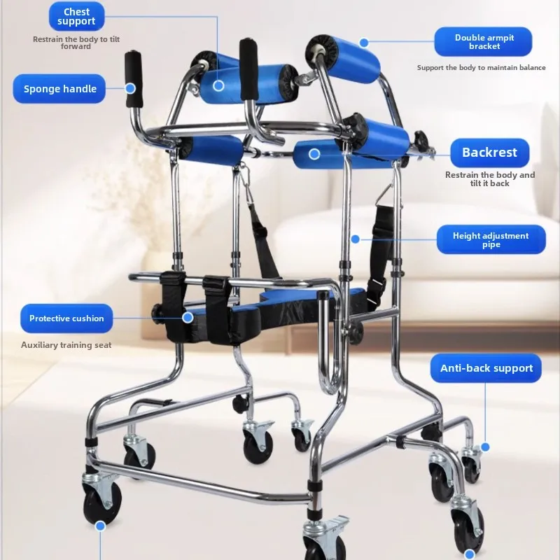 Adjustable Height Upright Walker with Seat and Brakes Kids Walking Aid for Disabled Hemiplegia Stroke Eight Wheeled Walking Aids