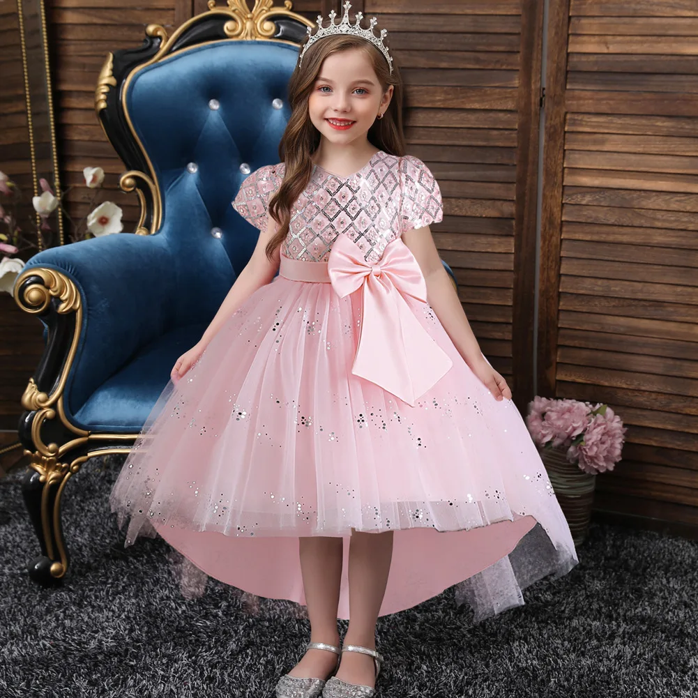 thumbnail image 1 of Girls Sequin Puffy Tutu High Low Bow Belted Kids Princess Dress Performance Evening Christmas Dress, 1 of 5