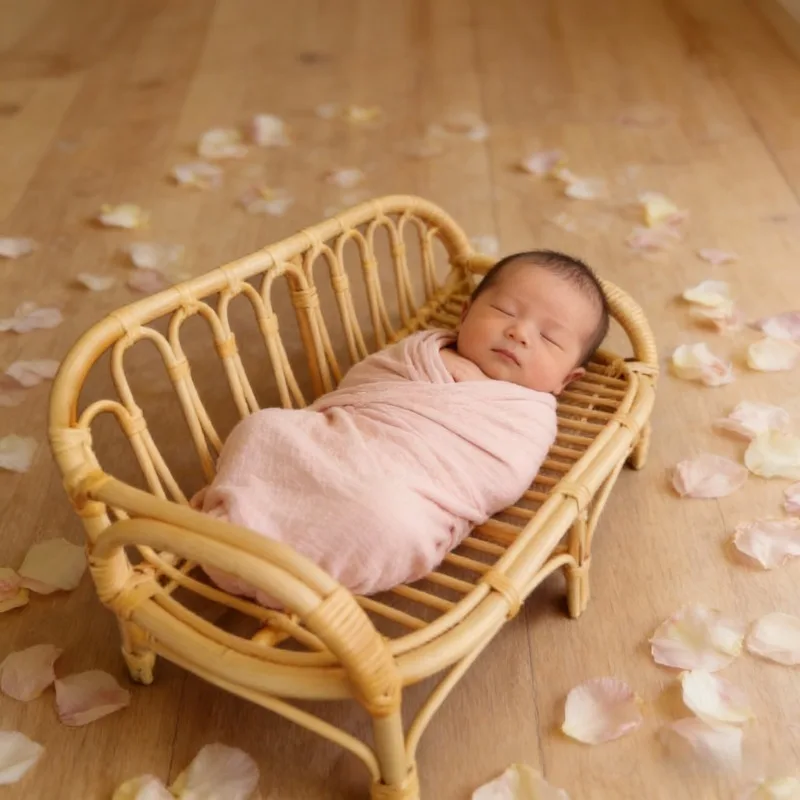 1pc Rattan Woven Basket with Handles Posing Nest Newborn Baby Changing Container Essential Photo Prop Basin Frame for Shoots
