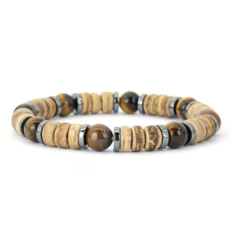 Noter Stilvolles Armband aus natürlichen Kokosnussperlen für Herren, vulkanisches Gestein, Tigeraugen, Obsidian, Energie, Meditation, Heilung, Braslet Hombre – Detail 8