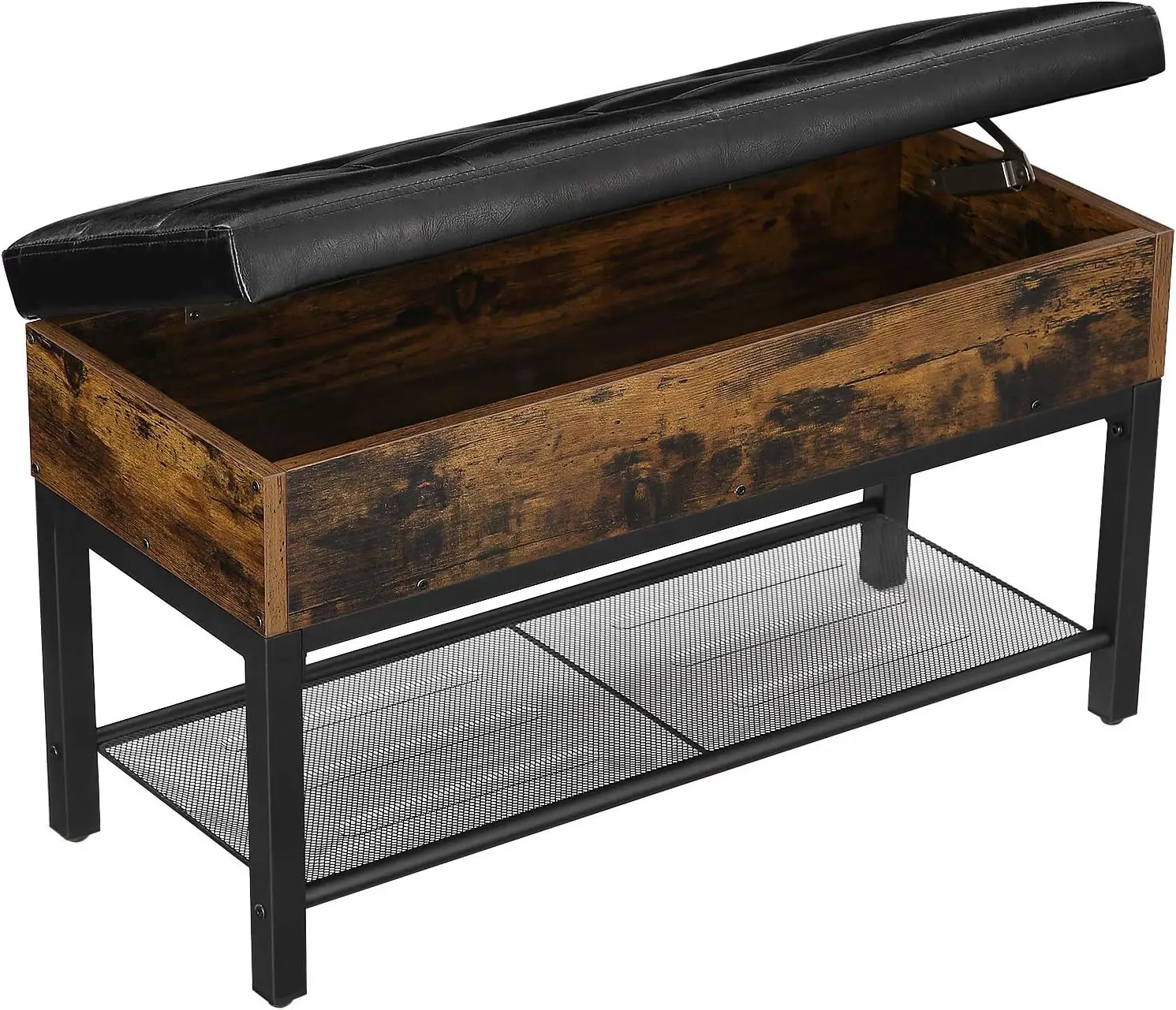 

Bench with Storage Box and Shoe Shelf, Bedroom Stool, Steel Frame, Synthetic Leather, Industrial, 27.6" L x 11.8" W x 17