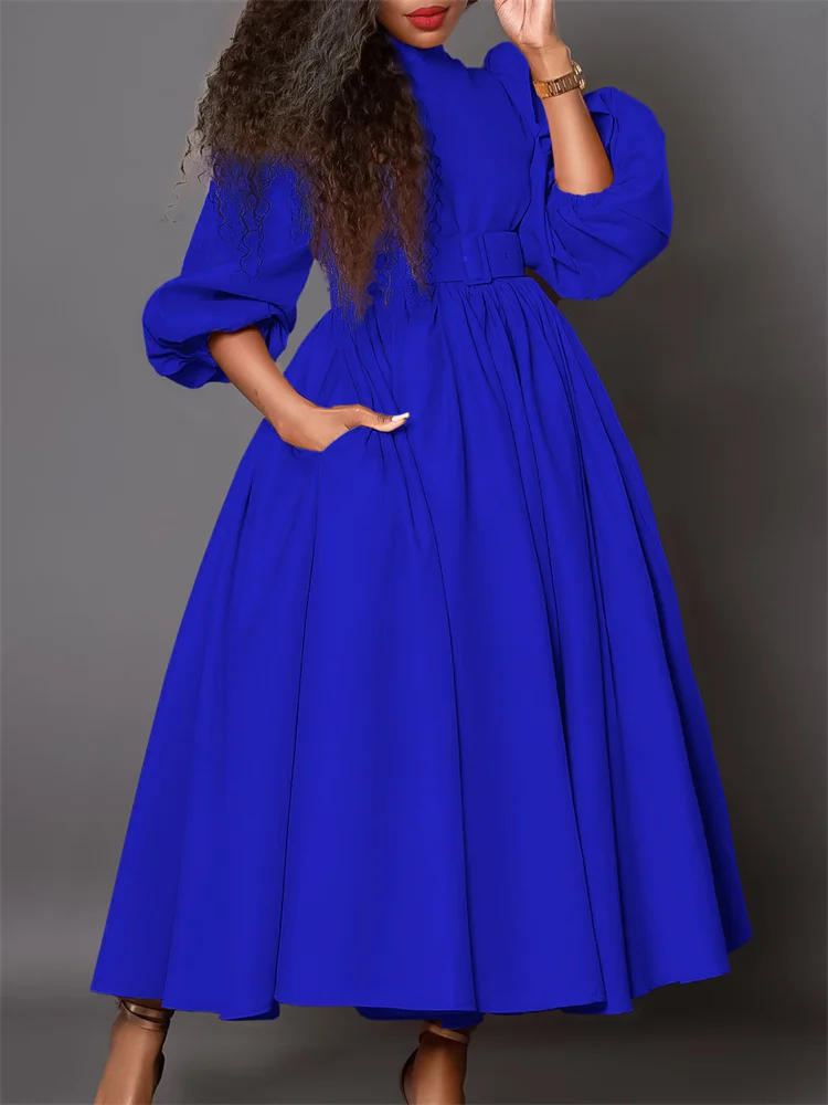 Wmstar Women Dress Autumn Plus Size Long Sleeve Solid Color High Neck Matching Belt Temperament Mid Length High Waist Dresses