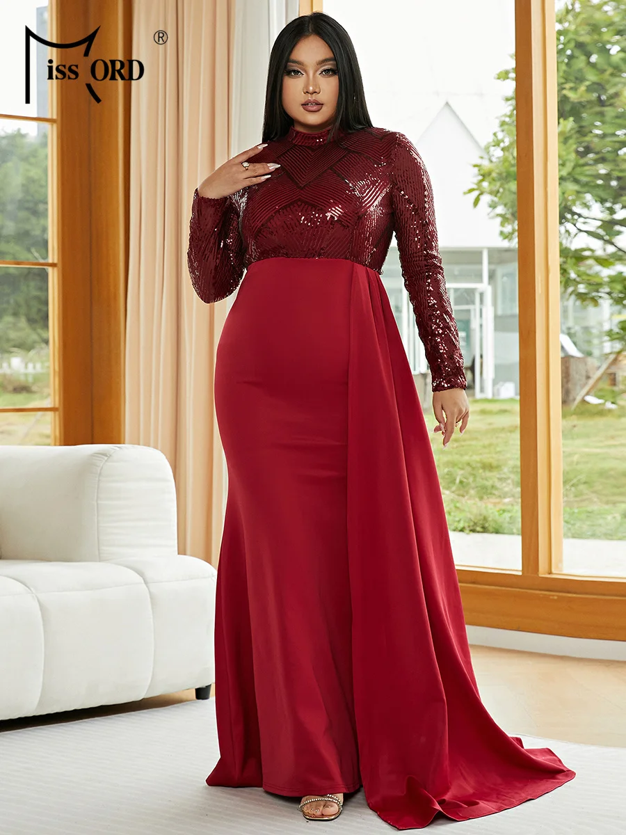 

Missord Red Sequin Plus Size Dresses Women Long Sleeve O Neck Draped Maxi Wedding Party Prom Evening Dresses Formal Gown