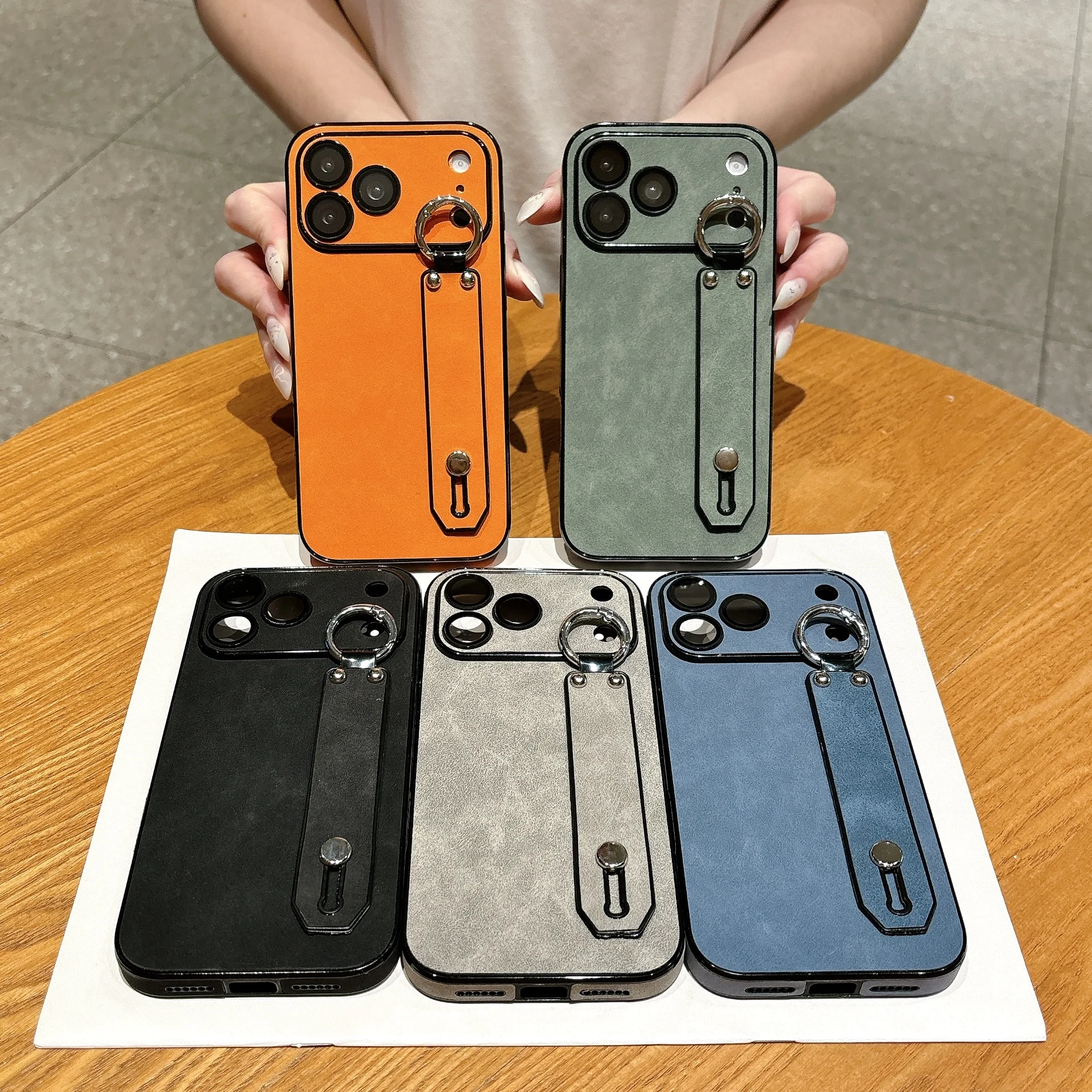 Luxury Matte Sheepskin Leather Phone Case with Bracket and Wrist Strap