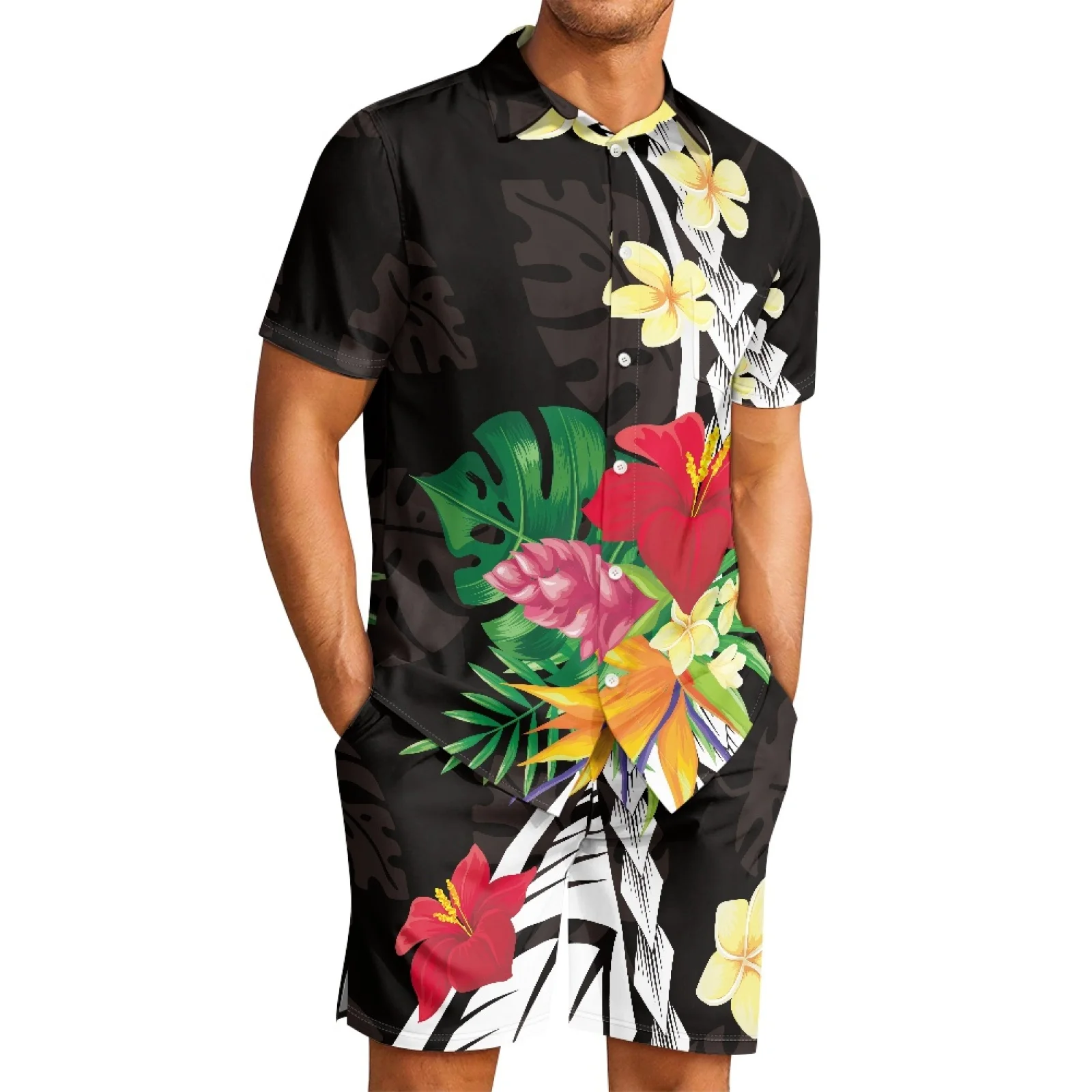 

Polynesian Tribal Hawaiian Totem Tattoo Hawaii Prints Men's Casual Hibiscus Short Sleeve Shirt Quick-drying Shorts 2Piece Set