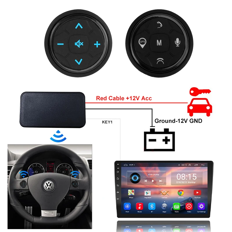 Controle de volante do carro sem fio Bluetooth, Universal para DVD, GPS, Rádio multimídia, Botões de controle remoto, 10 teclas