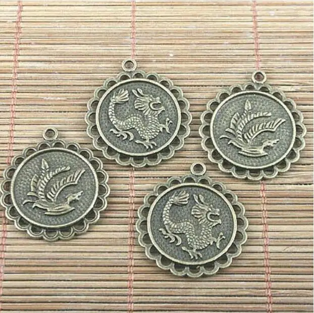 

6pcs 25.7mm hole 1.9mm antiqued bronze round dragon and phoenix design charms H0263