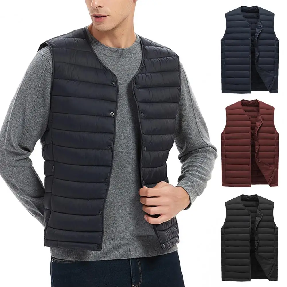 

Men Winter Vest Coat Solid Color Padded Sleeveless Single-breasted Cardigan Warm V Neck Windproof Winter Waistcoat For Trip