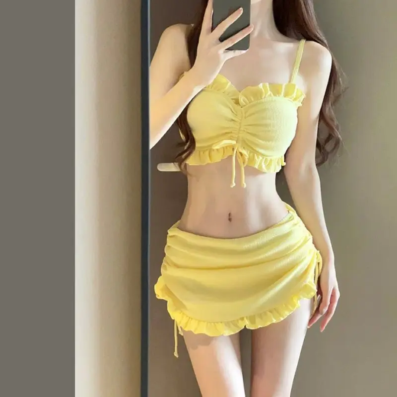 Women Sexy Spaghetti Ruffle Drawstring Swimsuit 3 Piece Bikini Set Solid Vacation Beach Bathing Suit Fairy Sweet Swimwear Skirt