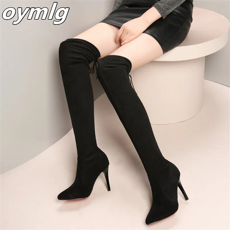 Pointed high heeled knee length boots for women in autumn 2023, new plush slim heeled boots for women in leather boots