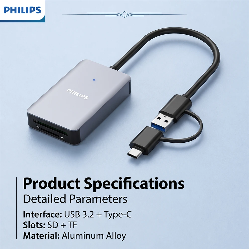 Philips Dual Slot High-Speed USB & Type-C Card Reader with Simultaneous SD/TF Reading