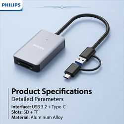 Philips Dual Slot High - Speed USB & Type - C Card Reader with Simultaneous SD/TF Reading (Silver)