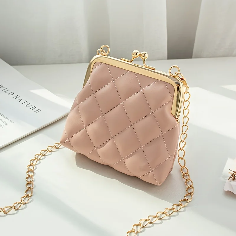 Damen-Umhängetasche mit kariertem Rautenmuster und Kiss-Lock-Verschluss für Reisen, leichte Münztasche, für Kleingeld, Karten, Lippenstift, kleine Geldbörse – Detail 6