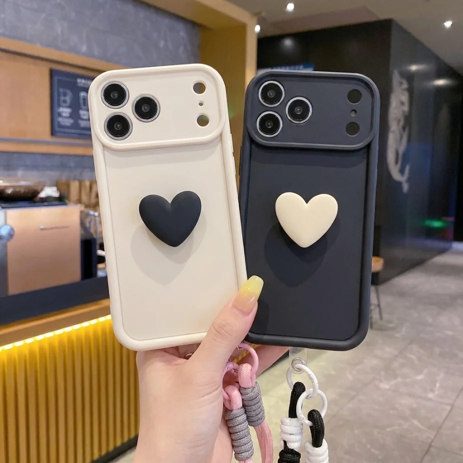 Cute 3D Heart Phone Case with Lanyard Wrist Strap