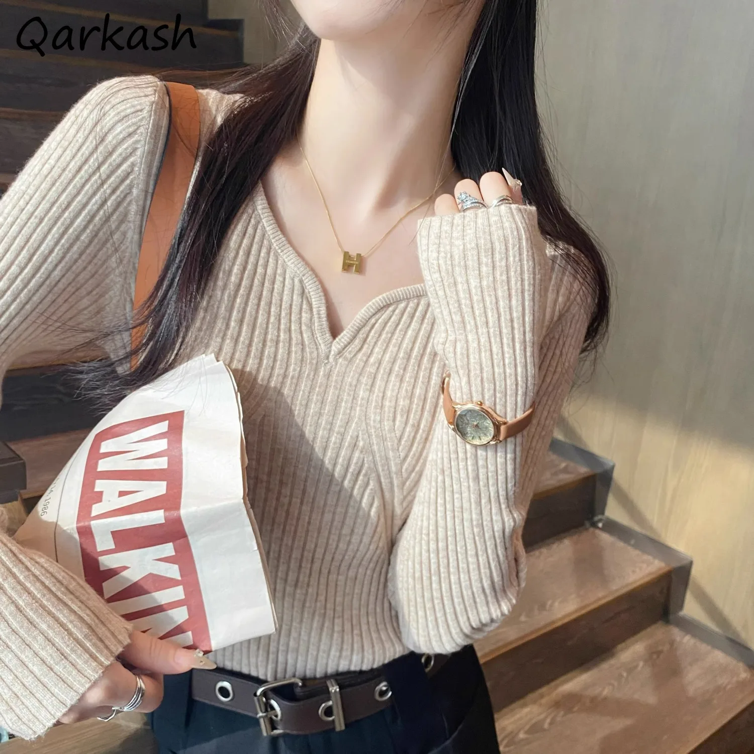 

Pullovers Women 5 Colors Slim V-neck Gentle Graceful Autumn Inner Pure Chic Knitted Aesthetic Leisure Temperament Elastic Design