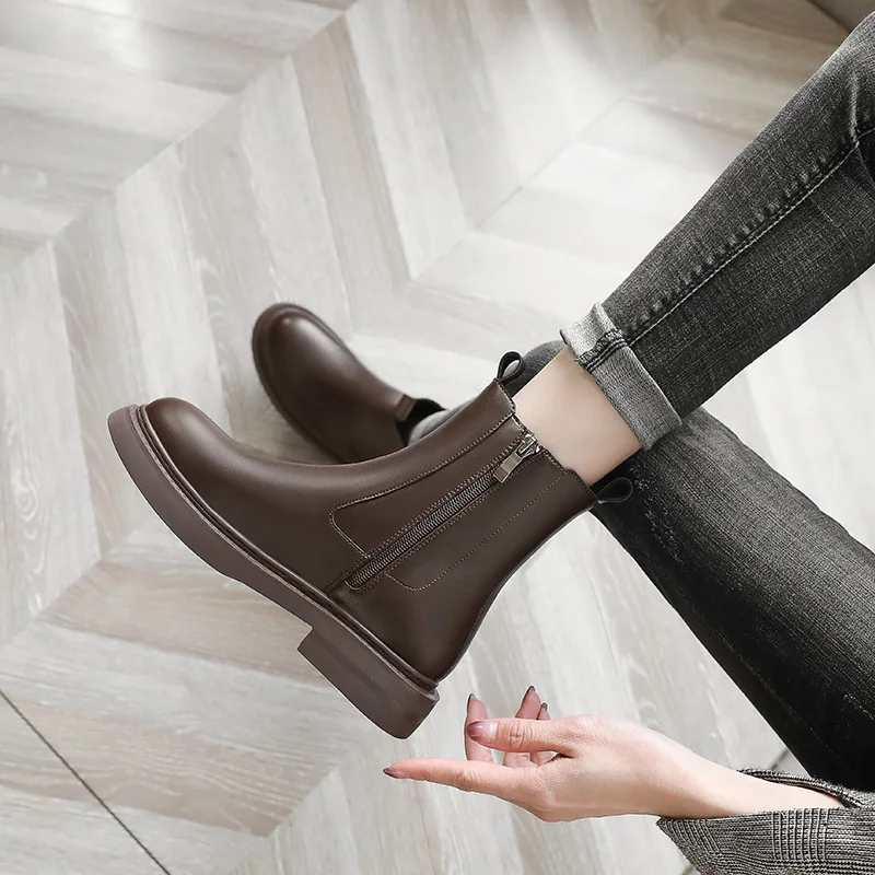 

Autumn and Winter Women's Pu Leather Platform Ankle Boots Low Heel Chelsea Boots Womens Side Zipper Thick Bottom Boots