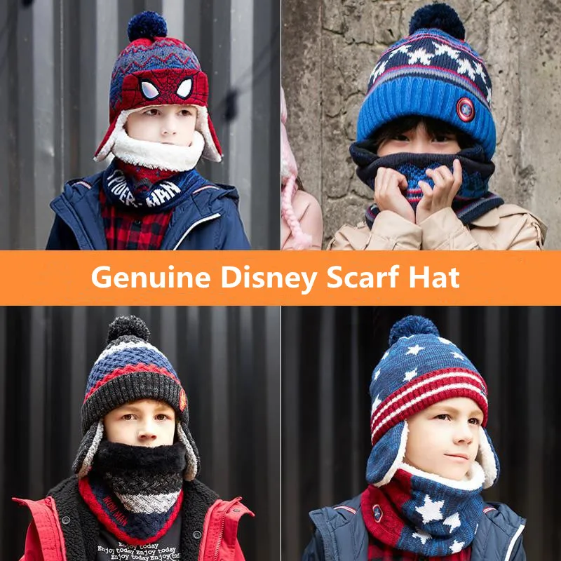 

Disney Winter Warmer Hat Scarf For Boys Kids Spider Man Captain America Outdoor Wind Proof Thickening Keep Warm Knitted Scarves