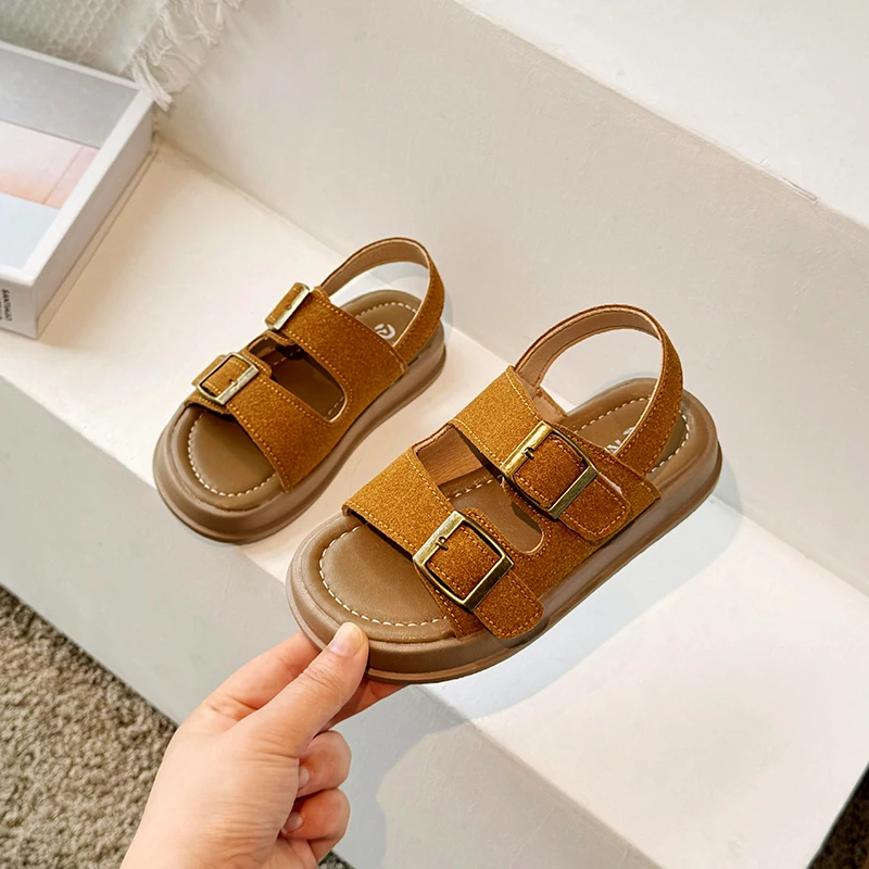 Children Retro Slippers Buckle Kids Summer Beach Shoes Simple Open-toe Classic Solid Color Boys Girls Casual Sandals 2024 New