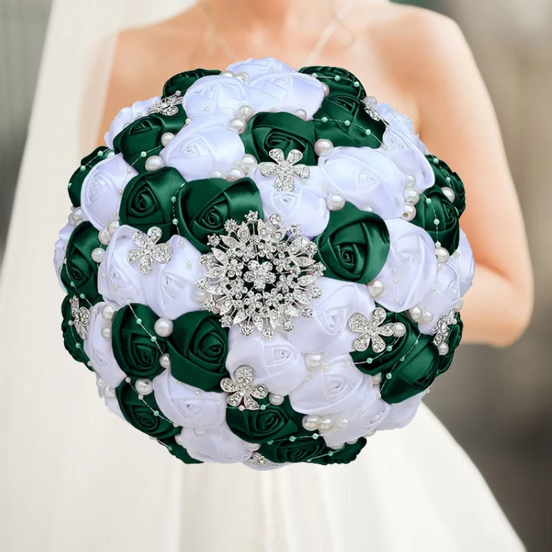 

Hot Sale Green Satin Rose Bride and Bridesmaid Bouquet Wedding Decoration Rhinestone Luxury Accessories Marriage Holding Flower