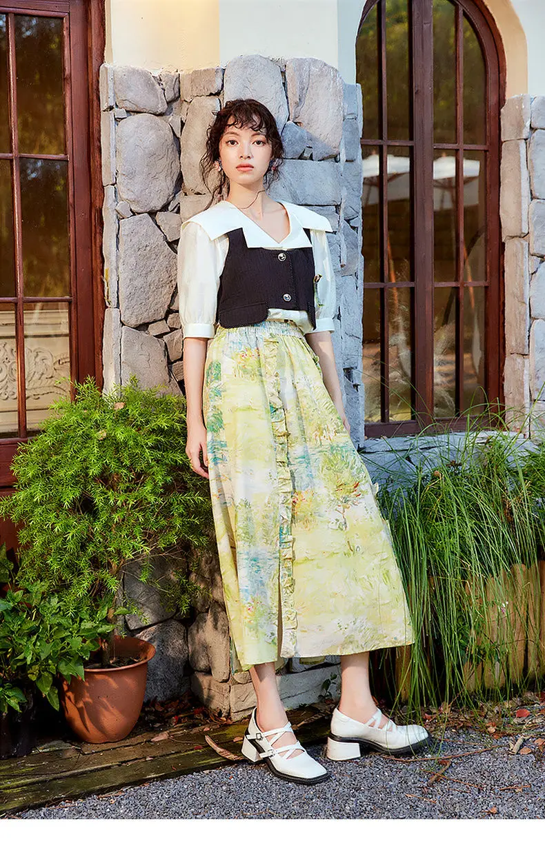 Vestidos De Fiestaformal Dresses2024 Summer Women'S Fashion New Oil Painting Print Flanged Splicing Split Half Long Skirt 
