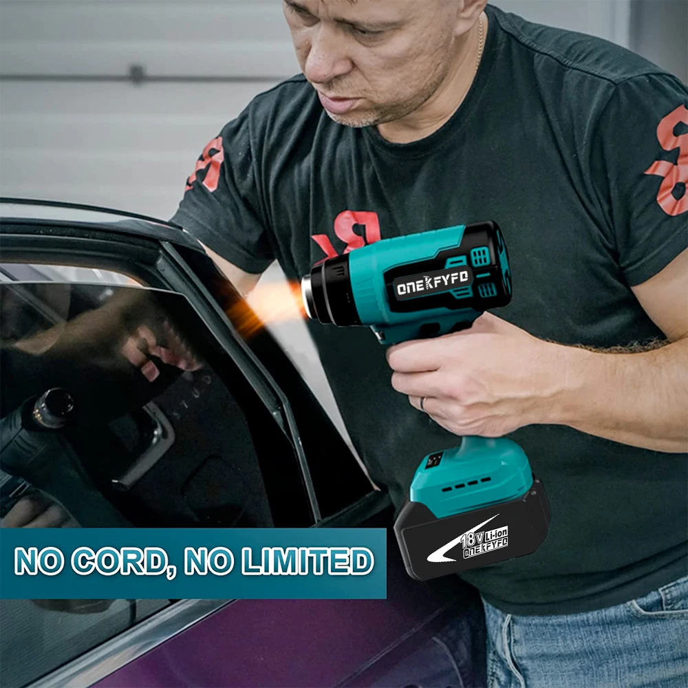 ONEKFYFD Wireless Thermal Gun Rechargeable Heat Gun with 3 Nozzles Shrink Wrapping Electric Hot Air for Makita 18v Battery