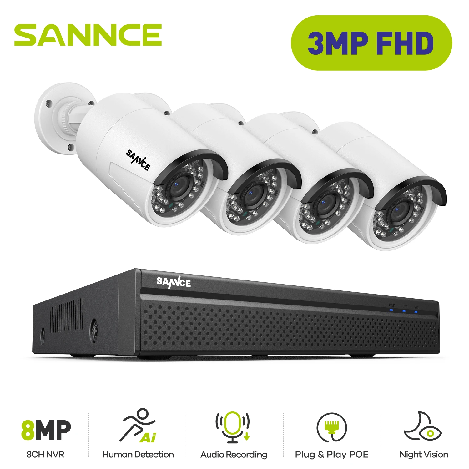 

Водонепроницаемая IP-камера видеонаблюдения SANNCE, 3 Мп, Full HD, PoE, IP66, H.265 + 10-канальный видеорегистратор