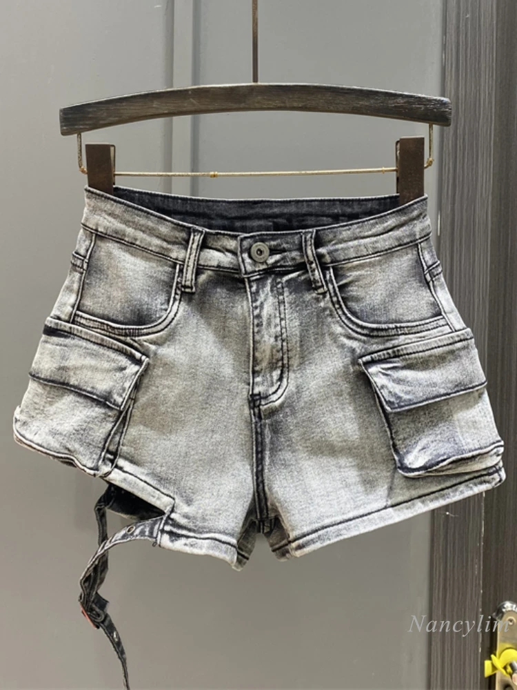 2024 Summer New American Retro Hot Girl High Waist Denim Shorts Women's Design Sense Niche Workwear with Pocket Hot Pants