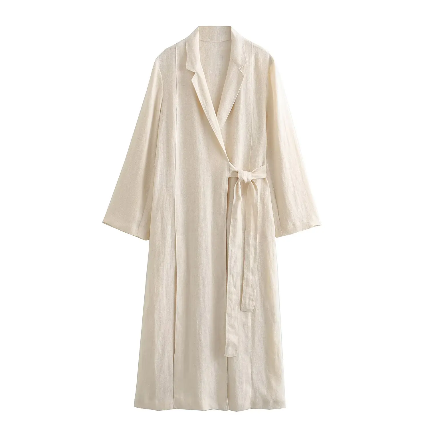 

2024 Spring Autumn New Women Split Linen Tie Up Long Coat V-lapel Collar Long Sleeve Slim Fit Coat Casual Windbreak Outerwear