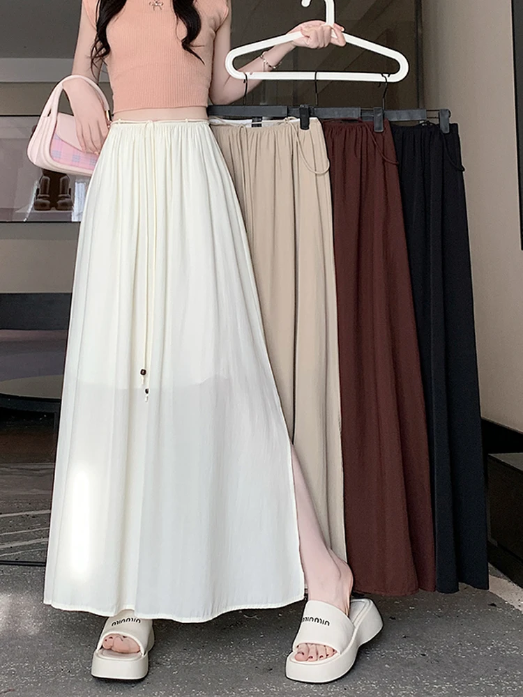 Off-white chiffon skirt women's summer 2024 new elastic high-waisted thin split-ended a-word pleated long skirt