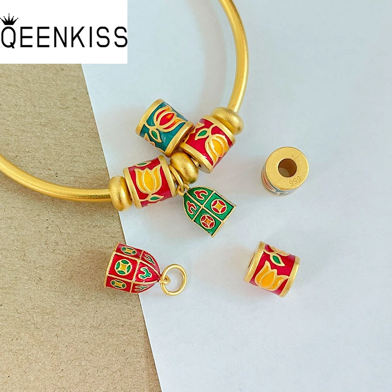 

QEENKISS 24KT Gold Flower Tulip Beads Charm For DIY Bracelet Making For Girl Children Jewelry Accessories Bulk Wholesale AC502