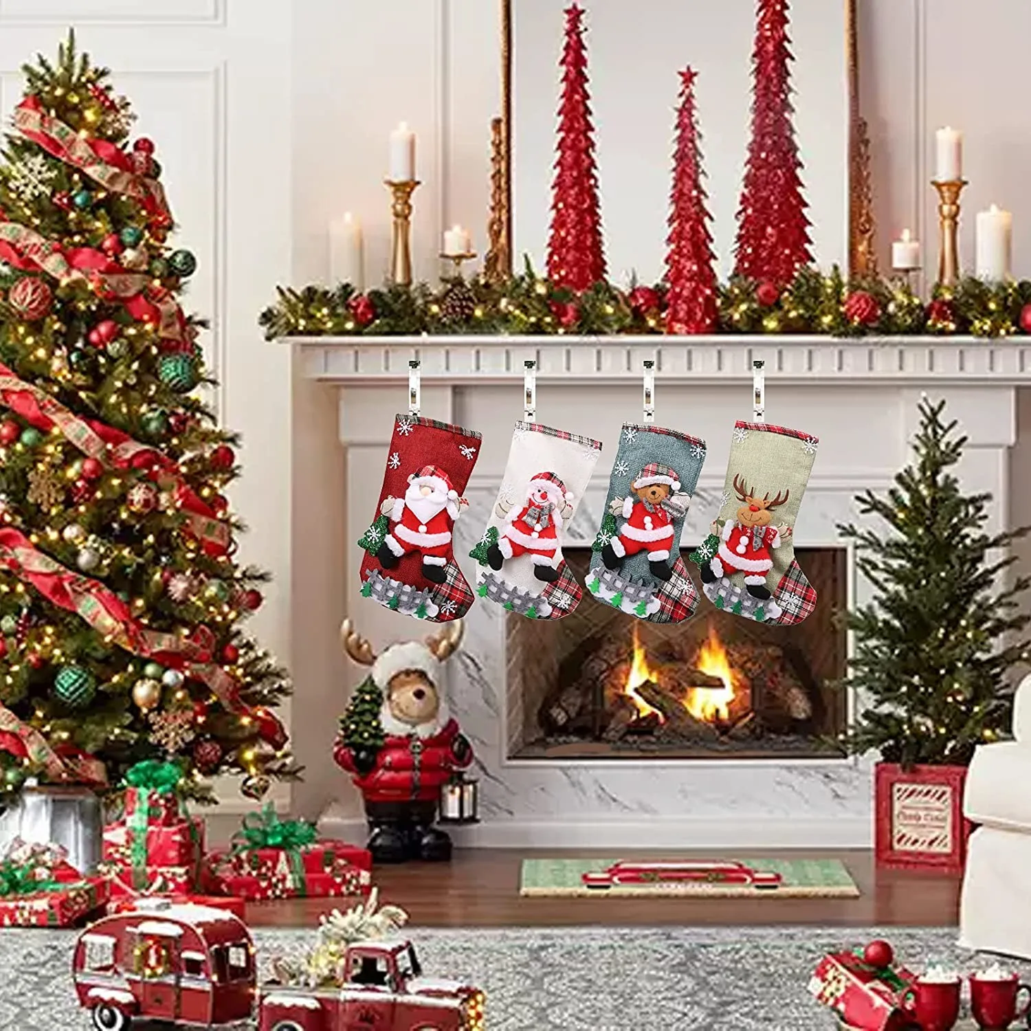 Christmas Stockings Gift Candy Bag Snowman Santa Elk Pattern 4pc for Xmas Tree Hanging Party Home Fireplace