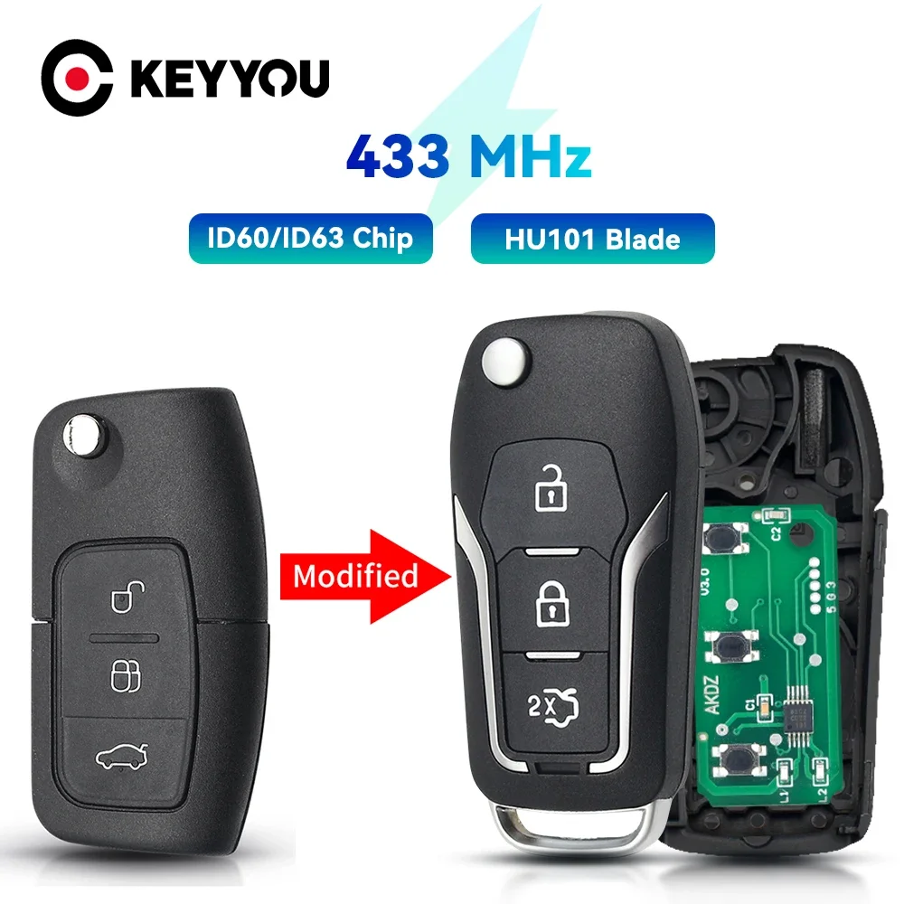 

KEYYOU 3 Buttons Modified Folding Remote Key for Ford Focus Fiesta 2013 Fob Case HU101/F021 Blade 433MHz 4D63 40bit 80bit