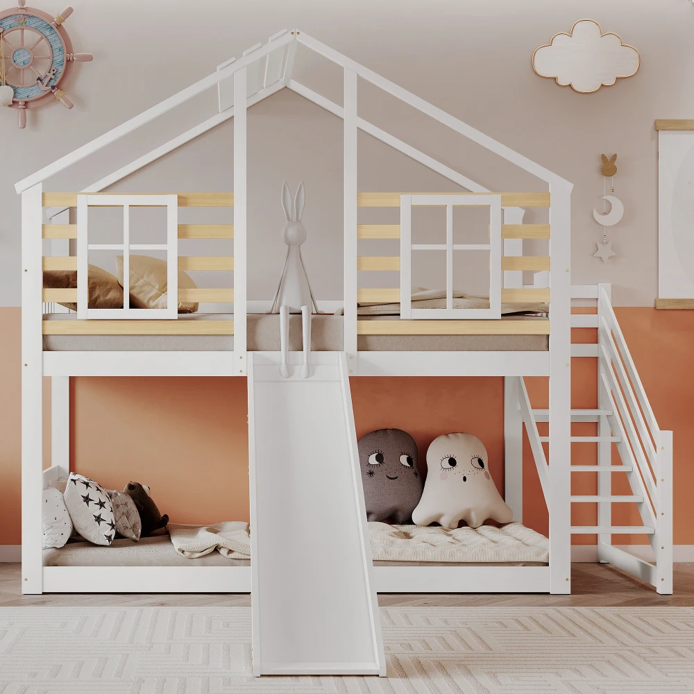 Holzbett mit Treppengitter mit Rutsche und Fenster, Holzhaus, Kinderbett mit Crash-Prävention, Bettgestell aus Massivholz – Detail 27