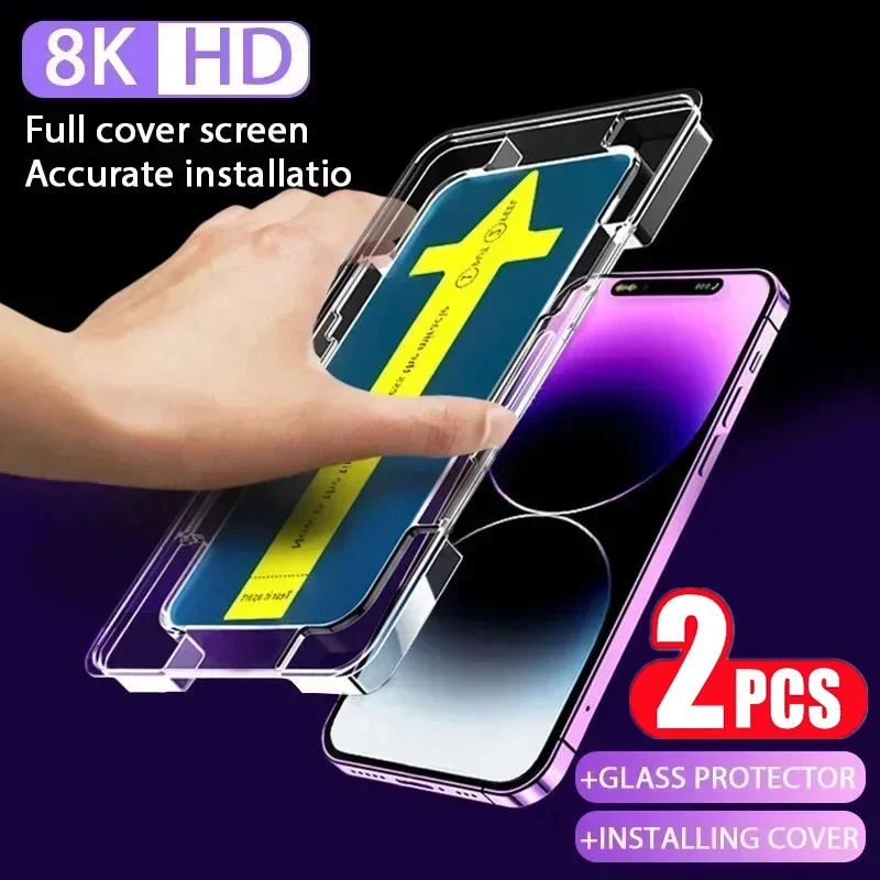 

2PCS High End Tempered Glass For IPhone 14 11 12 13 15 Pro Max 15 14 Plus Privacy Screen Protector with Alignment Mounting Cover
