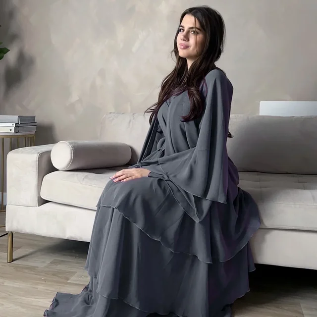 Mousseline de soie Abaya Kimono dubaï musulman Cardigan couches Abayas femmes Robe décontractée femme Islam vêtements avec ceinture Abaya tenues arabes