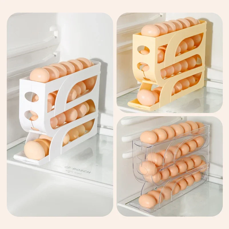4 Layers Automatic Rolling Egg Holder Rack Fridge Egg Storage Box Container Kitchen Refrigerator Dispenser Organizer
