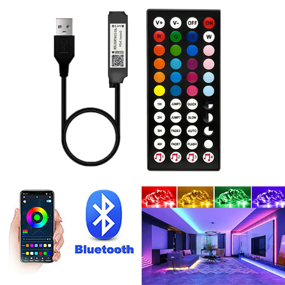 USB LED Strip Controller com música Sync, controle remoto sem fio, RGB, 5V, SMD 5050