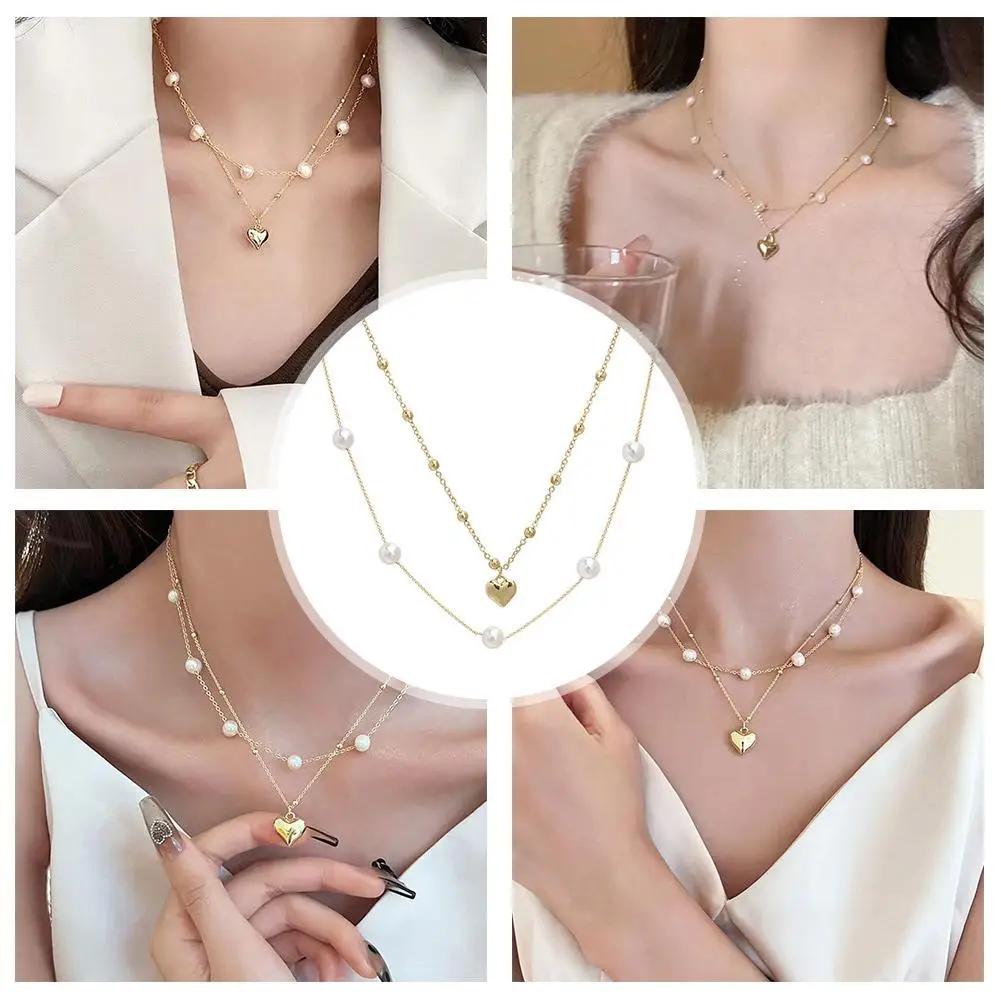 

2024 New Fashion Kpop Pearl Choker Necklace Cute Double Layer Chain Pendant For Women Jewelry Girl Gift H5U3