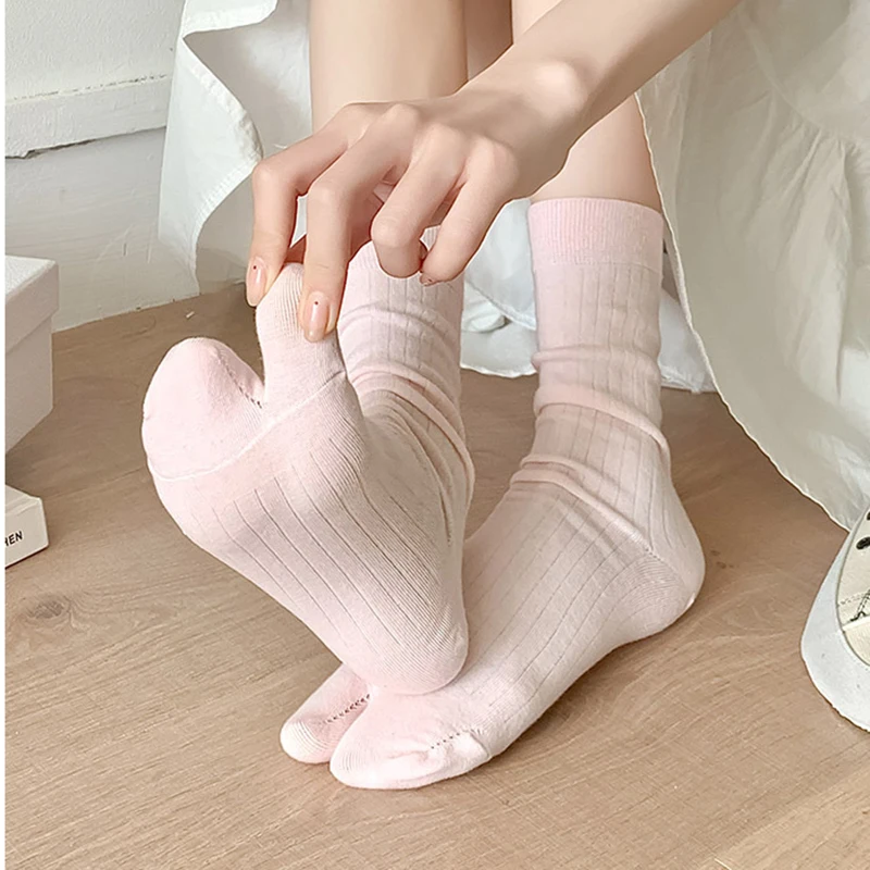 5 Pairs Long Solid Two Toe Tabi Socks Pure Cotton Spring Autumn Simple Black White Sock Japanese Style 2 Finger Socks with Heel