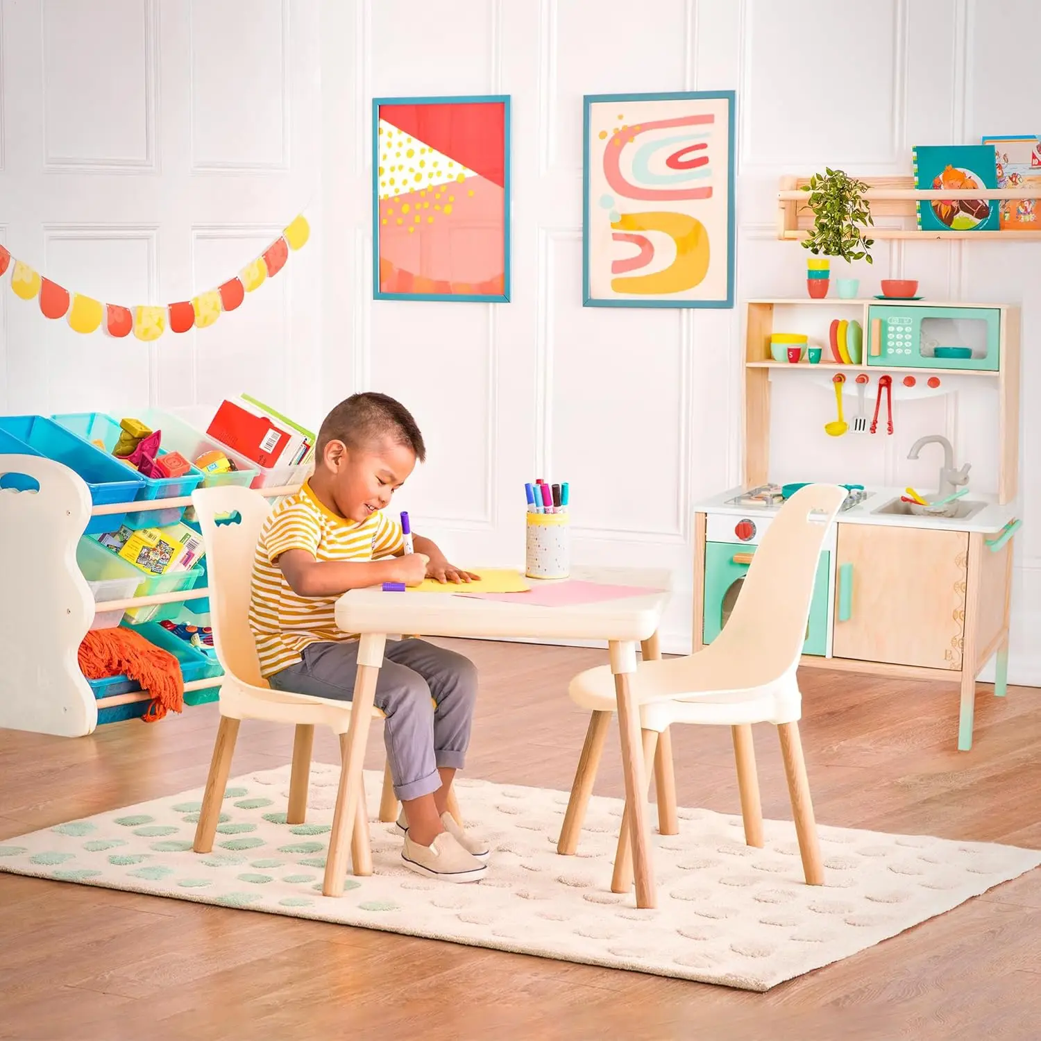 Children Tables Table and Chair Set- Furniture For Toddlers- 1 Craft Table & 2 Chairs- Natural Wooden Legs- Ivory- 3 years +