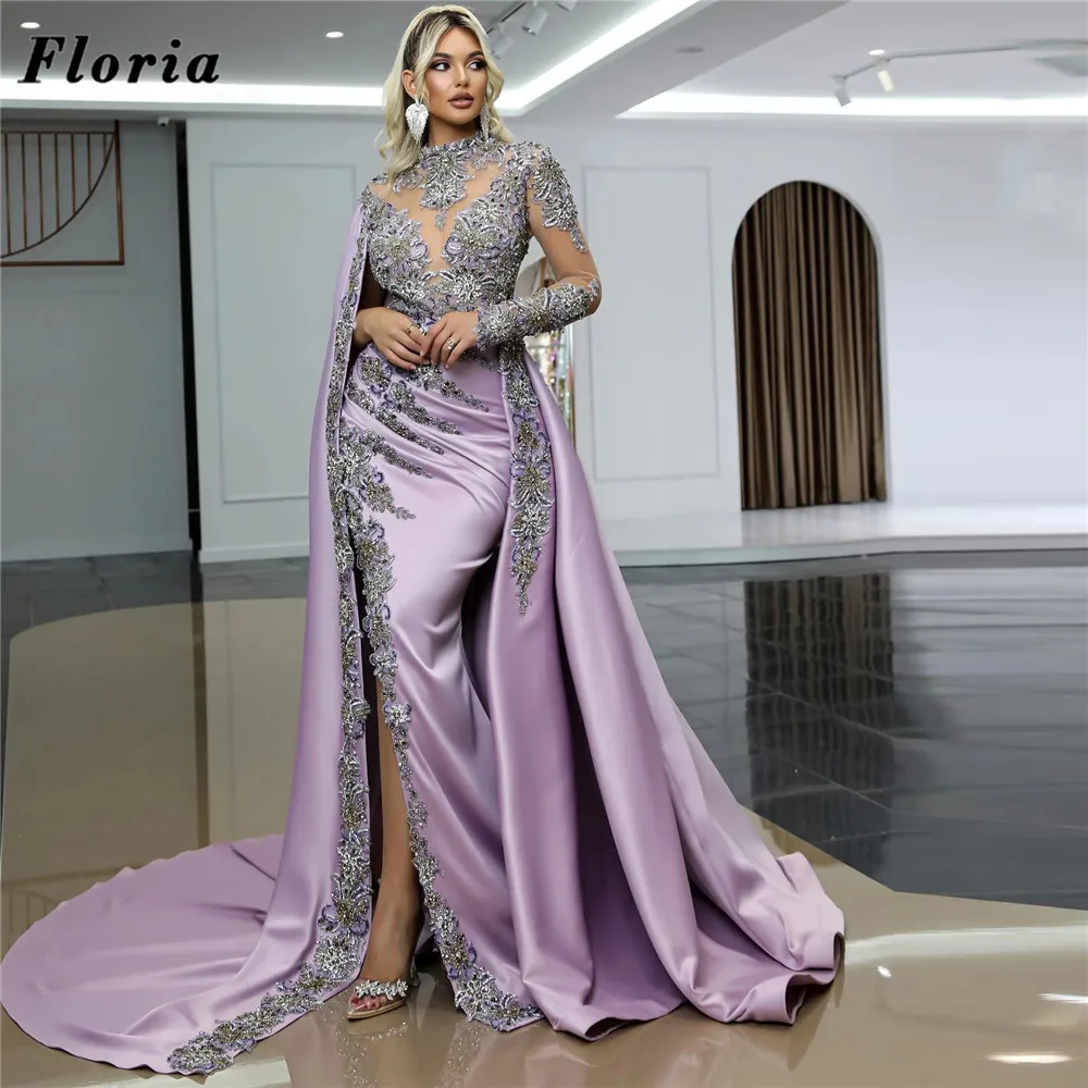 

Floria Mint Split Mermaid Evening Dresses Prom Event Full Sleeves Celebrity Dress With Cape Beaded Couture Dubai Party Gowns