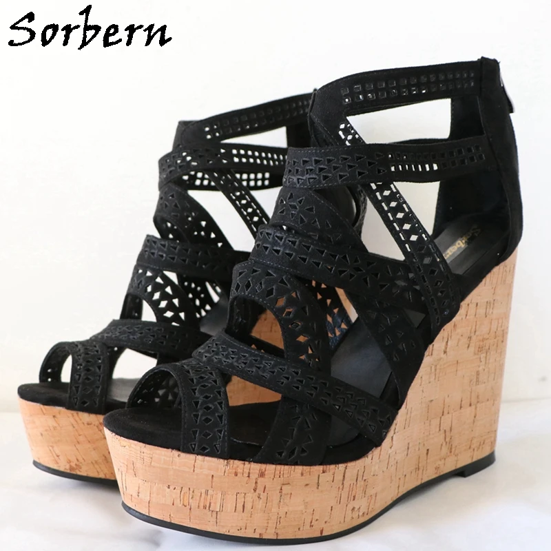 

Sorbern Sexy Faux Suede Hollow Out Sandals Cork Wedge High Heels Platform Summer Shoes Custom Unisex Style Sandal Rear Zipper