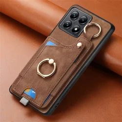 Luxury Leather Magnetic Shockproof Card Slot Case with Ring Stand and Wallet Cover for Xiaomi 14T (D6 - Brown)