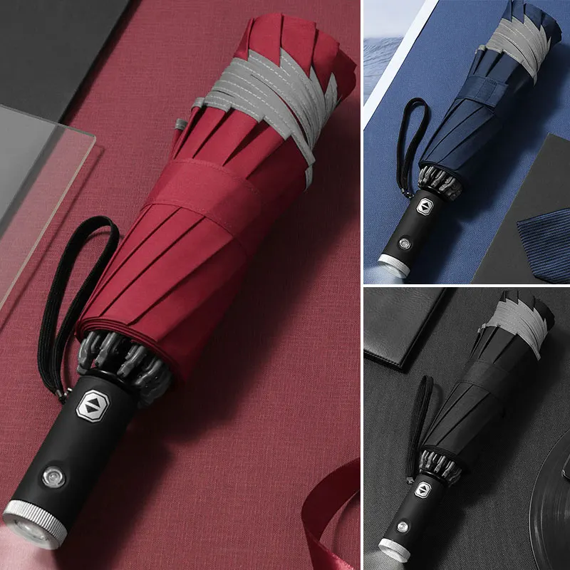Fully Automatic Reverse Umbrella Car Led Light Reflective Strip Folding Rain Or Shine Flashlight Umbrella
