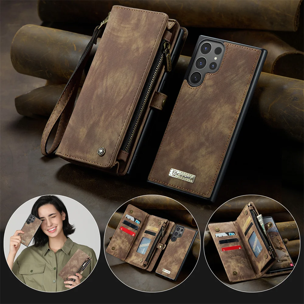 Luxury Leather Wallet Phone Case with Detachable Magnetic Zipper and Card Holder